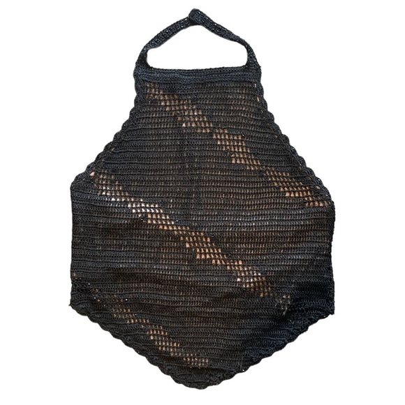 Source Unknown Tops - Black Crochet Knit Beaded Cropped High Neck Halter Top Women’s Size S